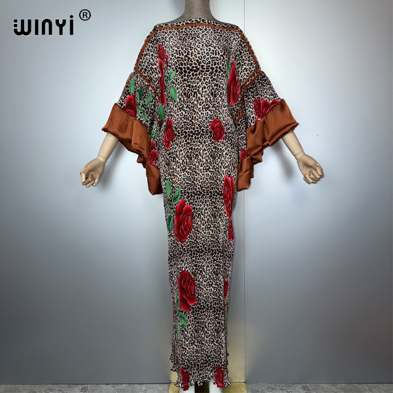 Boho Summer Beach Maxi Dress - WINYI Pleated Elastic slim dress leopard