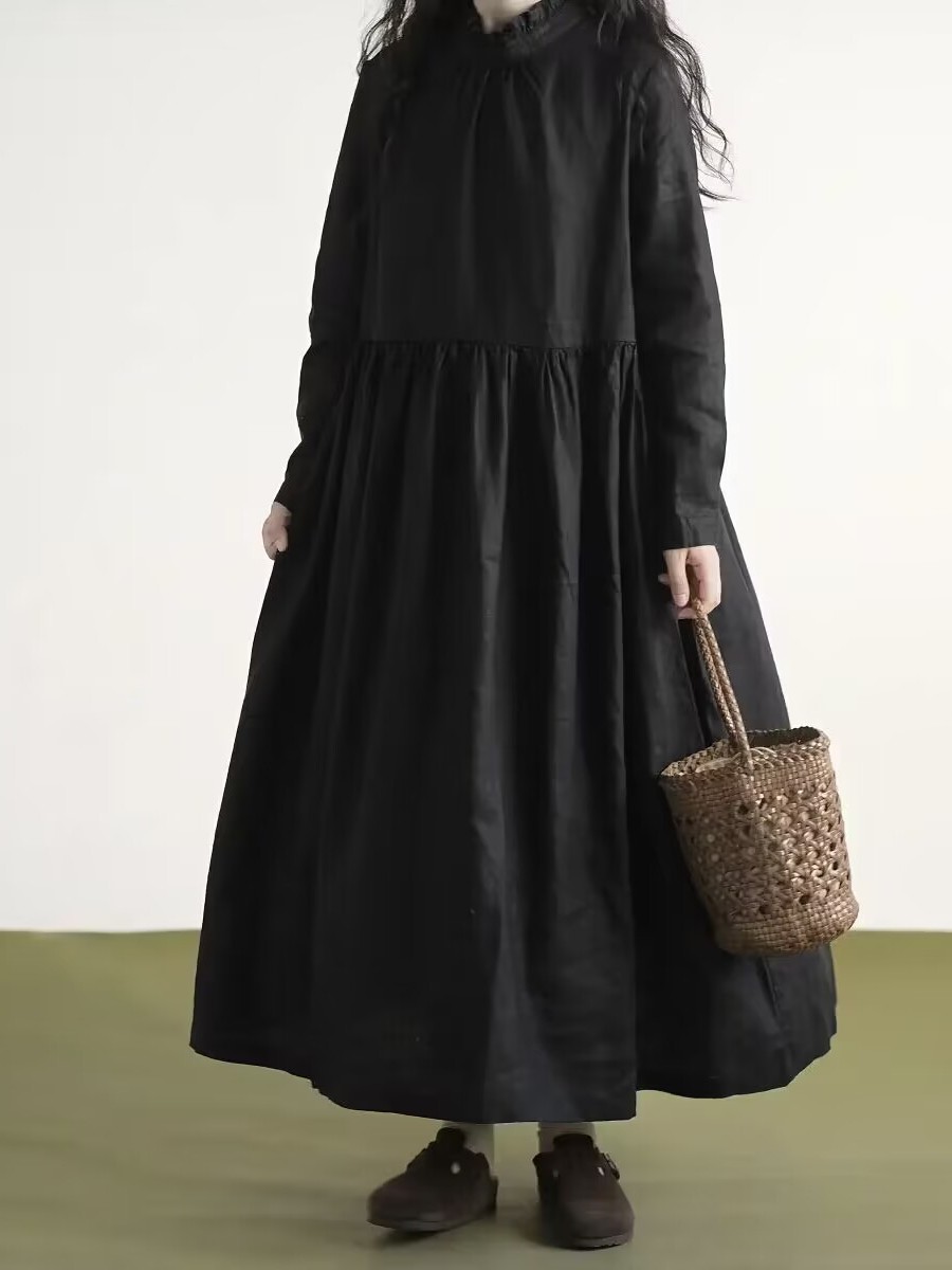 Black Lace Collar Long Sleeve  - Casual Loose Linen Shirt Dress review and price