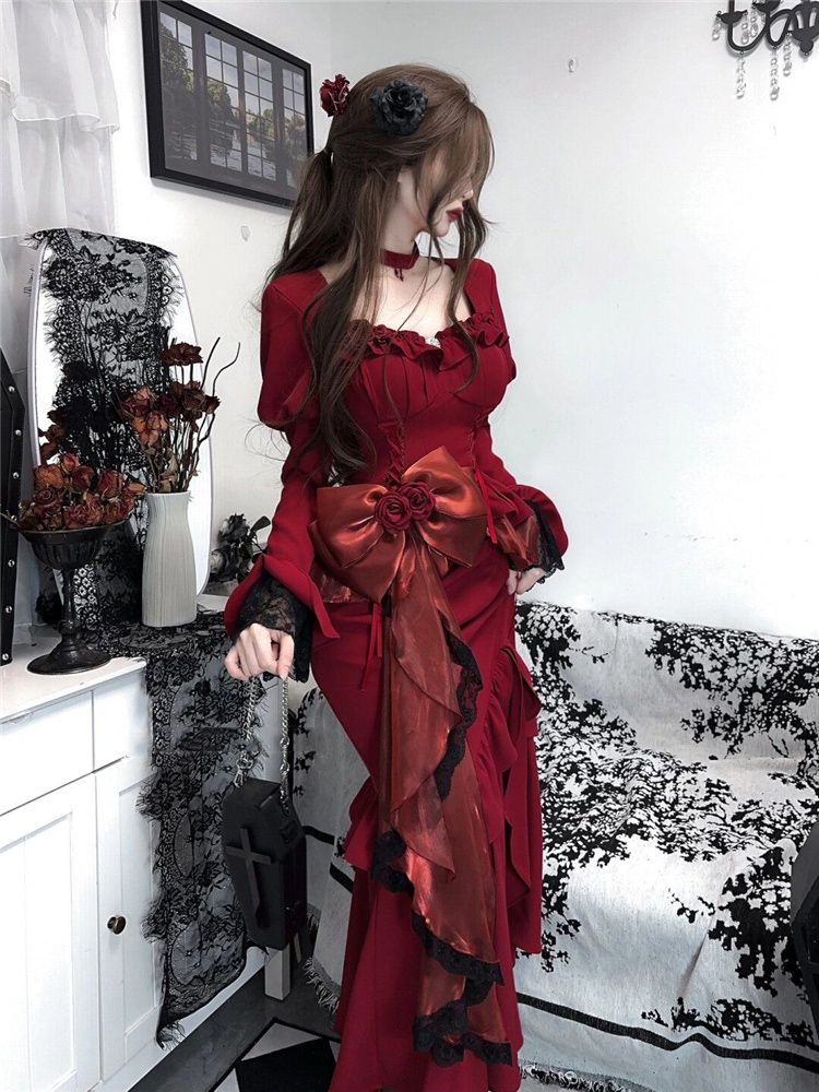 Spring Red Vintage Dress Women - French Vintage Floral Midi Dress review and price