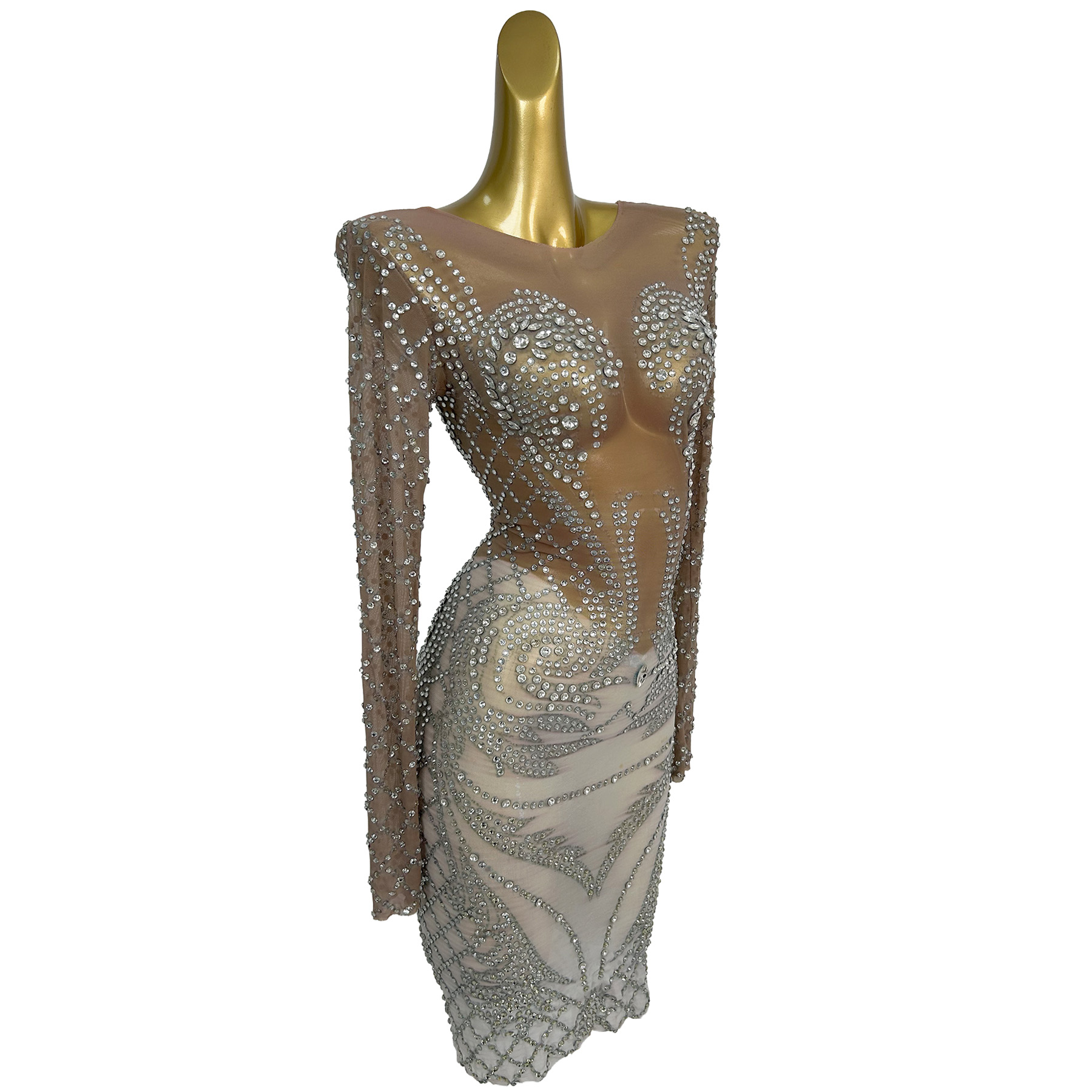 Nude Sheer Mesh Long Sleeve Bo - Sparkly Rhinestone Club Party Dress review and price