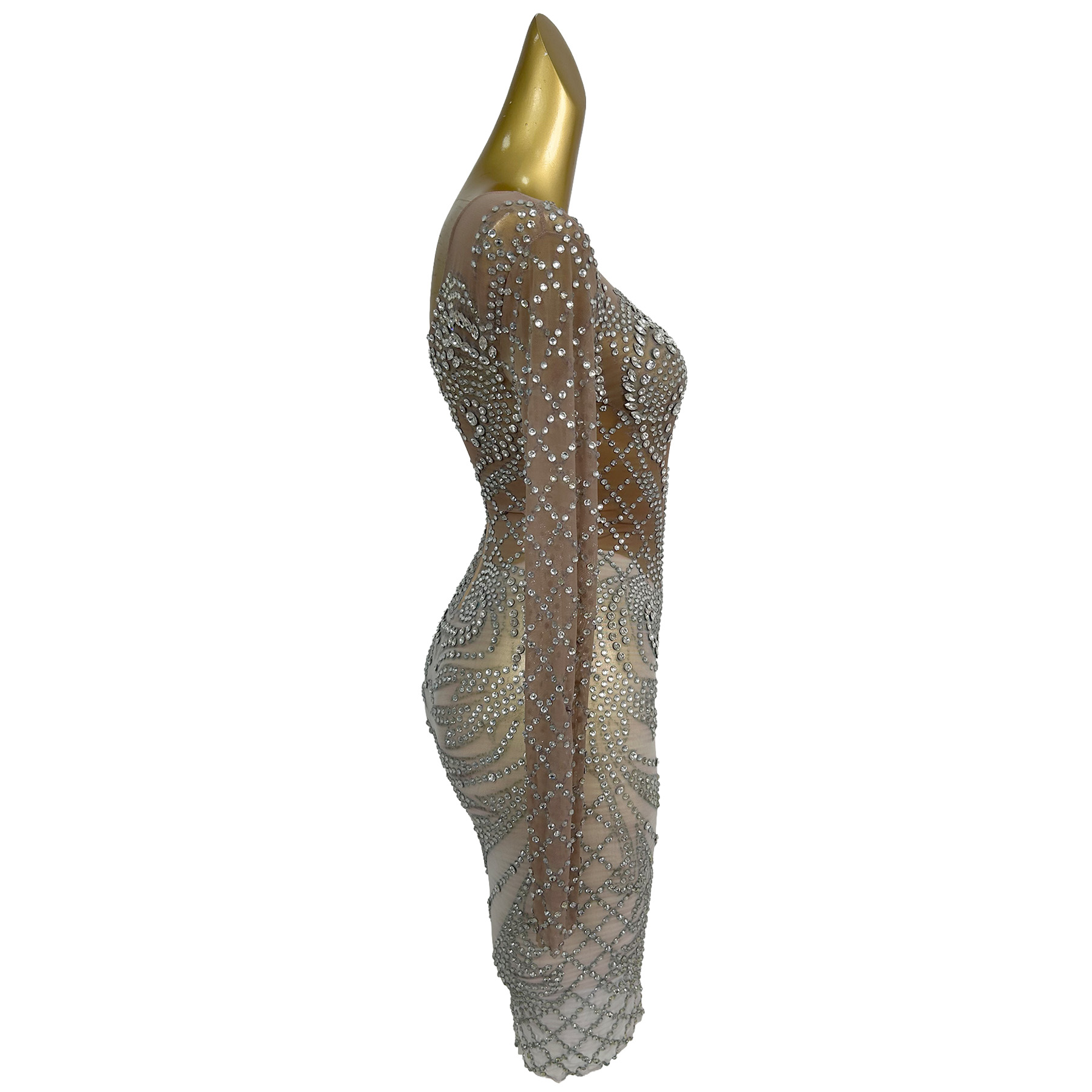 Nude Sheer Mesh Long Sleeve Bo - Sparkly Rhinestone Club Party Dress review and price